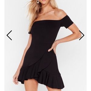 Black off the shoulder mini wrap dress